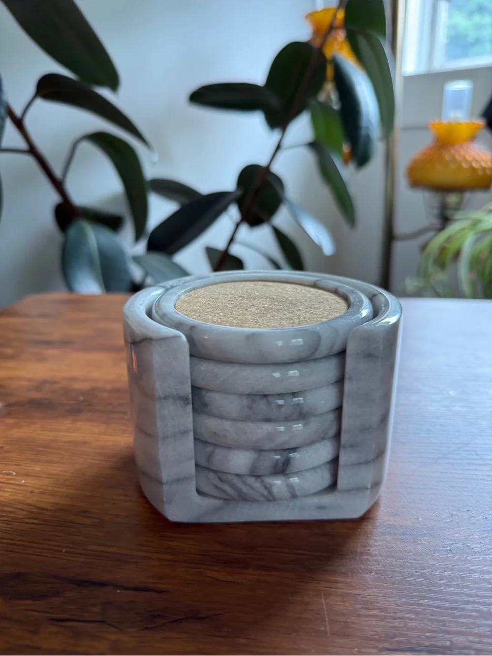 Marble Round Coaster Set with Holder - Gray Marble